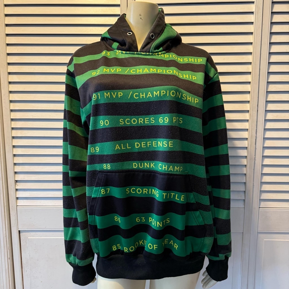 Men's Retro Label Hoodie XL Black Green Striped Pullover